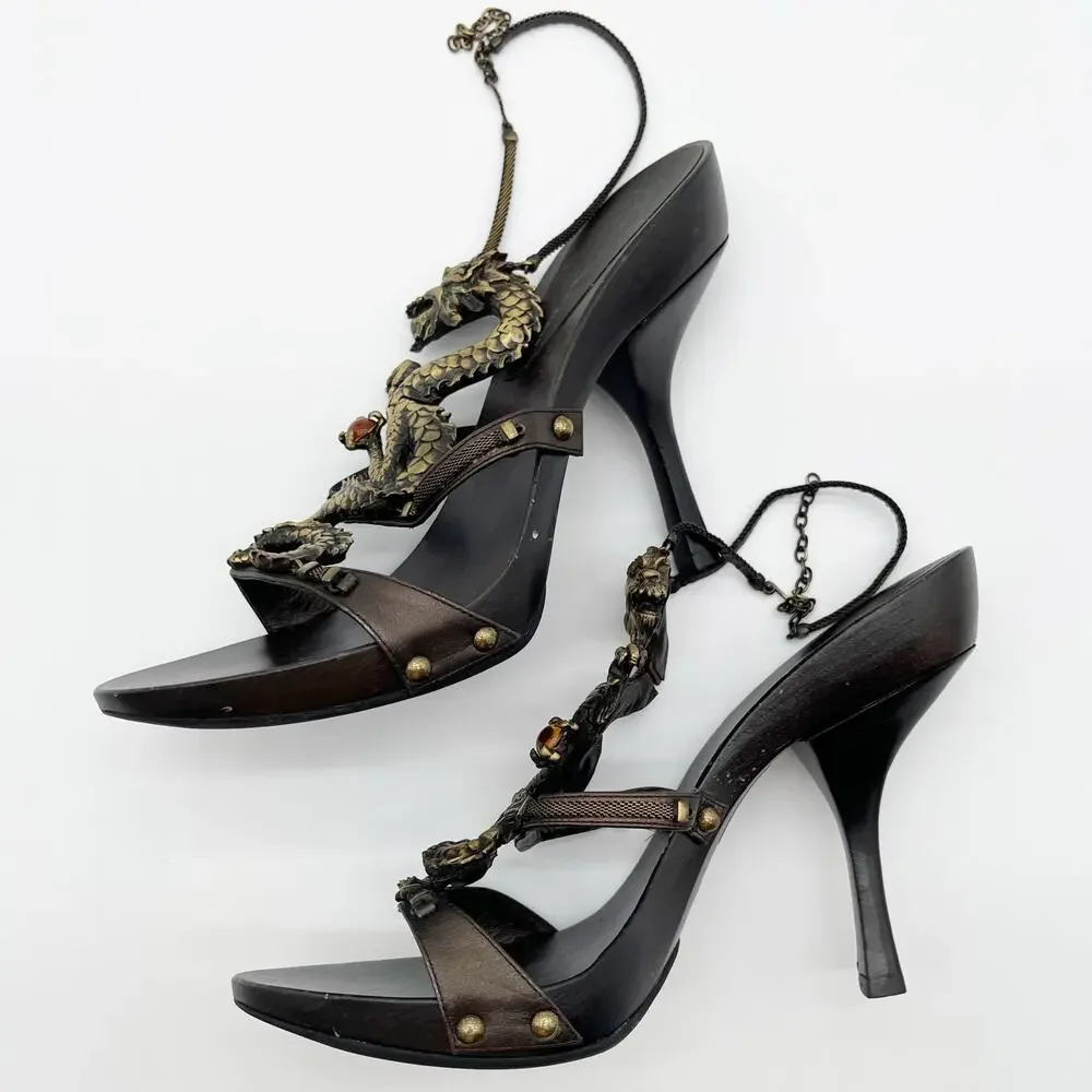 Giuseppe Zanotti Vicini Vintage Dragon Embellished Leather Heeled Sandals IT 36